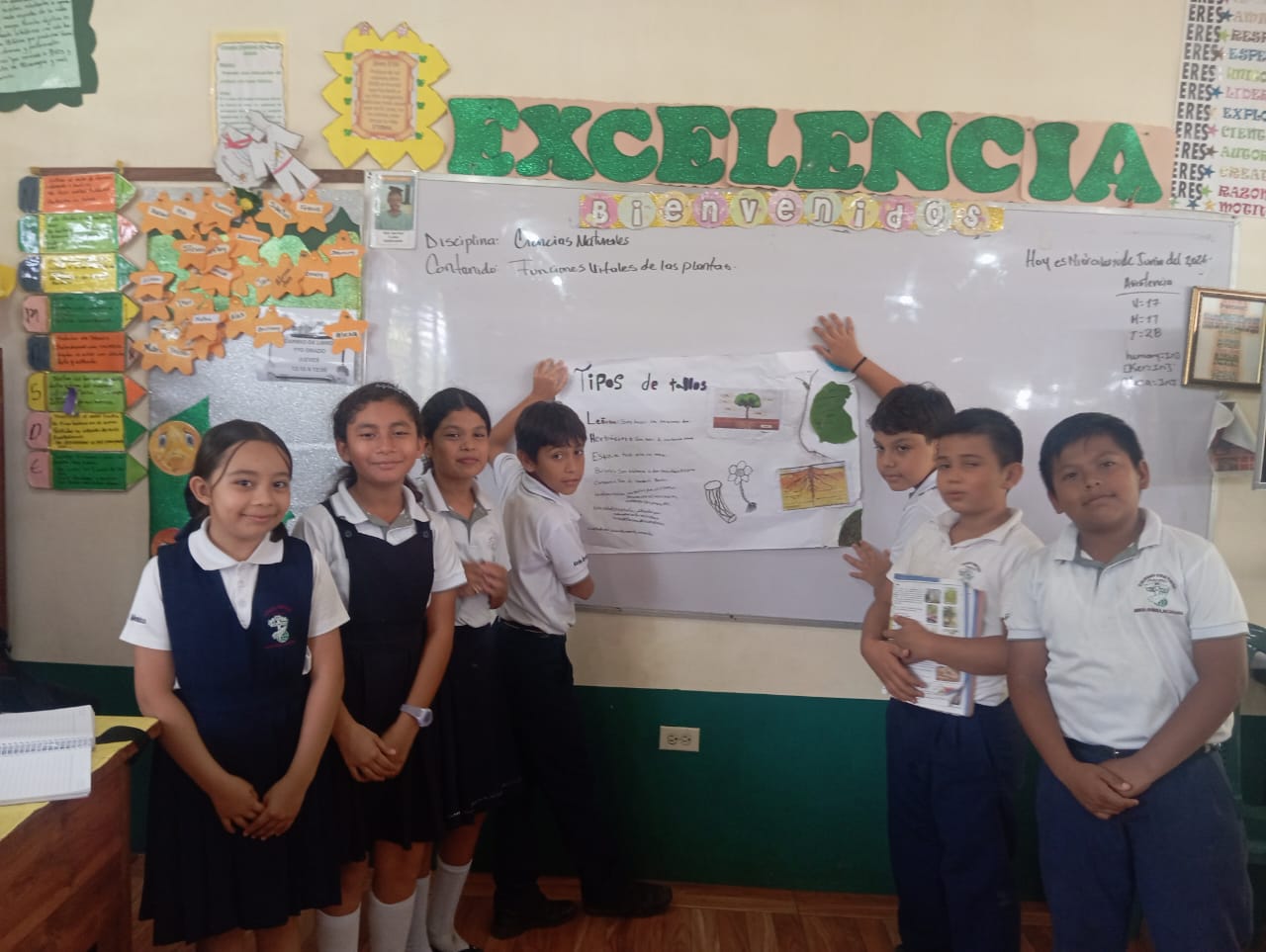 Estudiantes presentando una clase de ciencias en la pizarra
